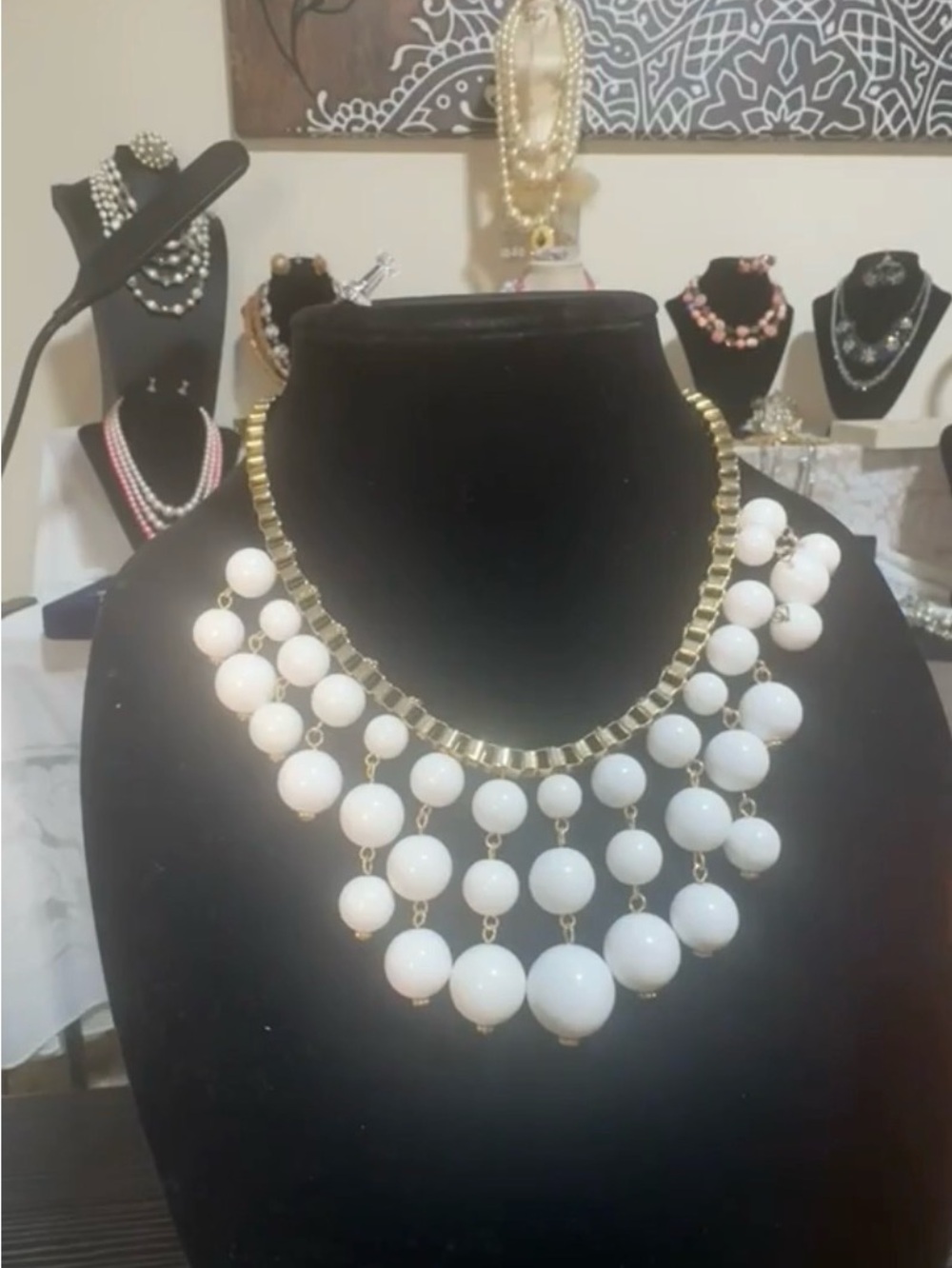 Vintage Gold-Tone Necklace with White Beaded Fringe